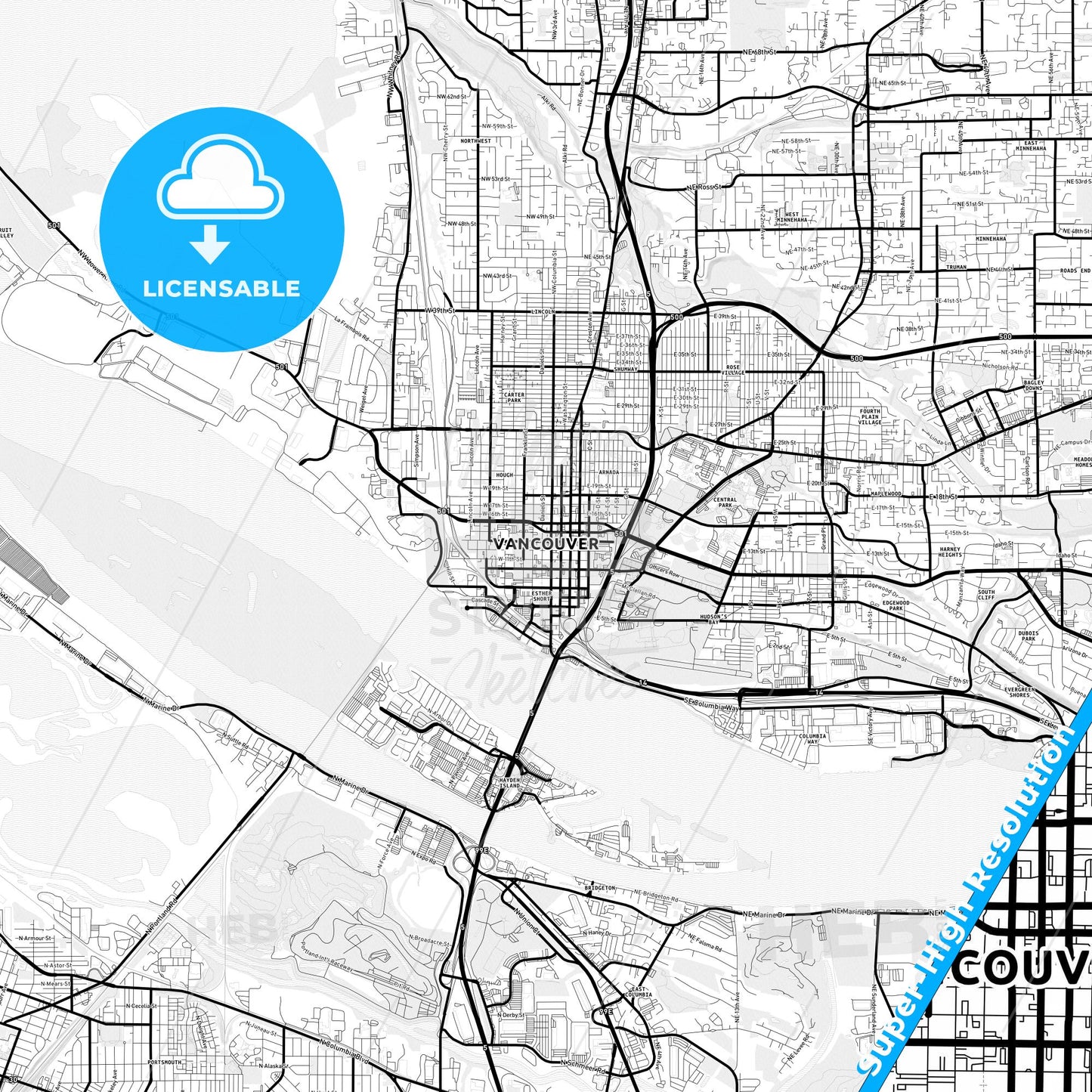 Vancouver, Washington Light Map with Street Names, City Names, and Districts