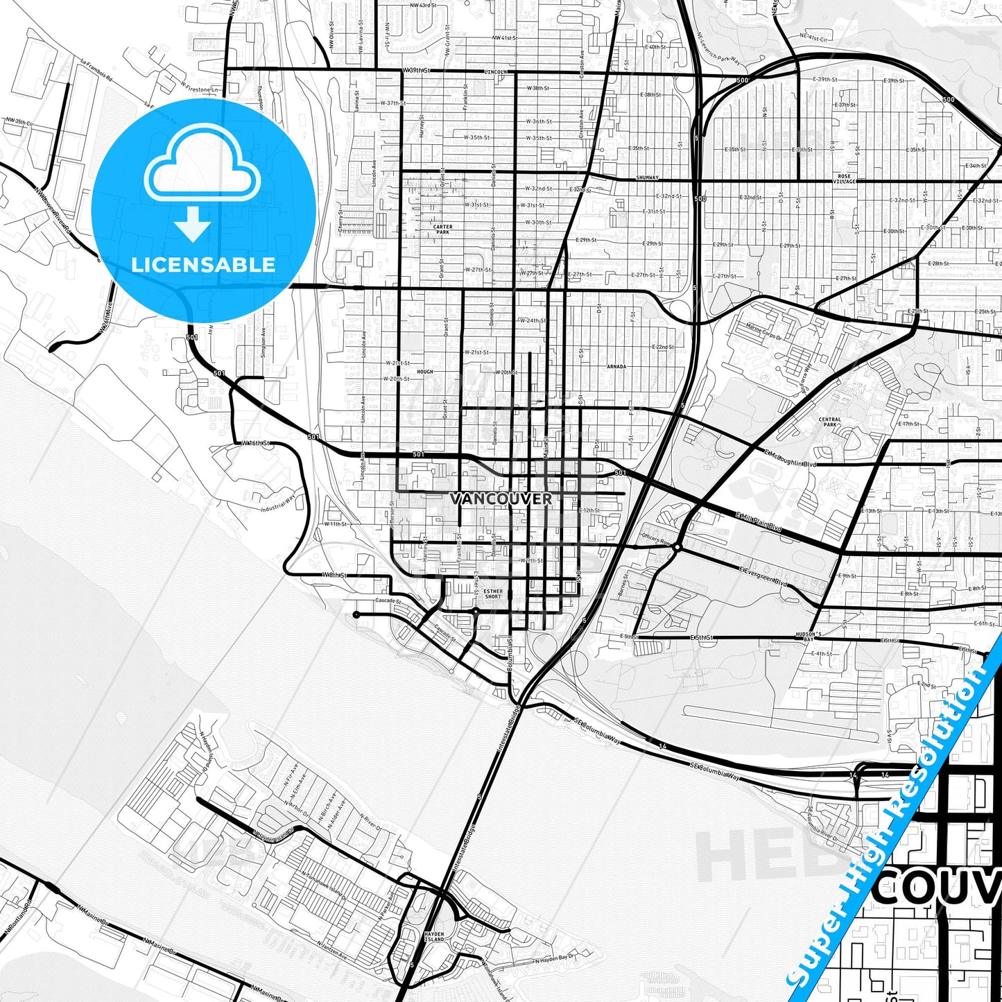 Vancouver, Washington Light Map with Street Names, City Names, and Districts