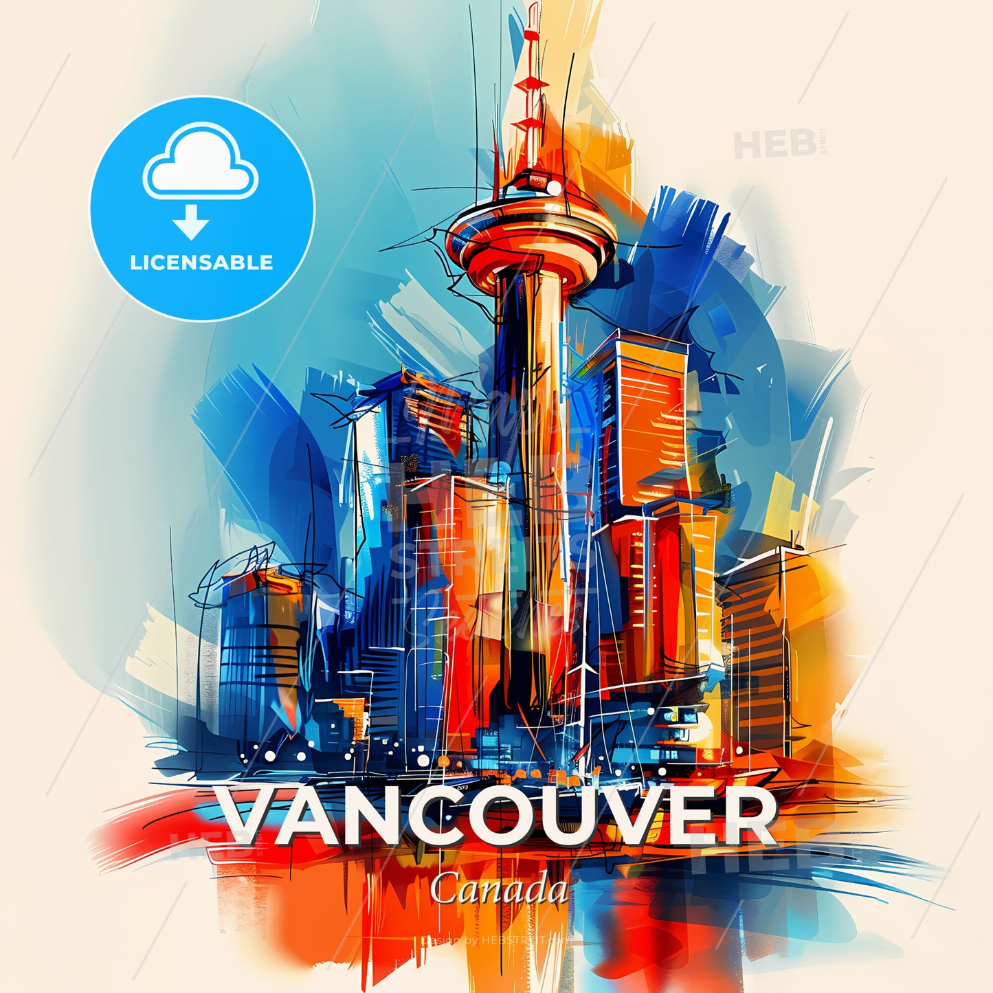 Vibrant Vancouver, Canada - A Painting Of A City - Square format print template