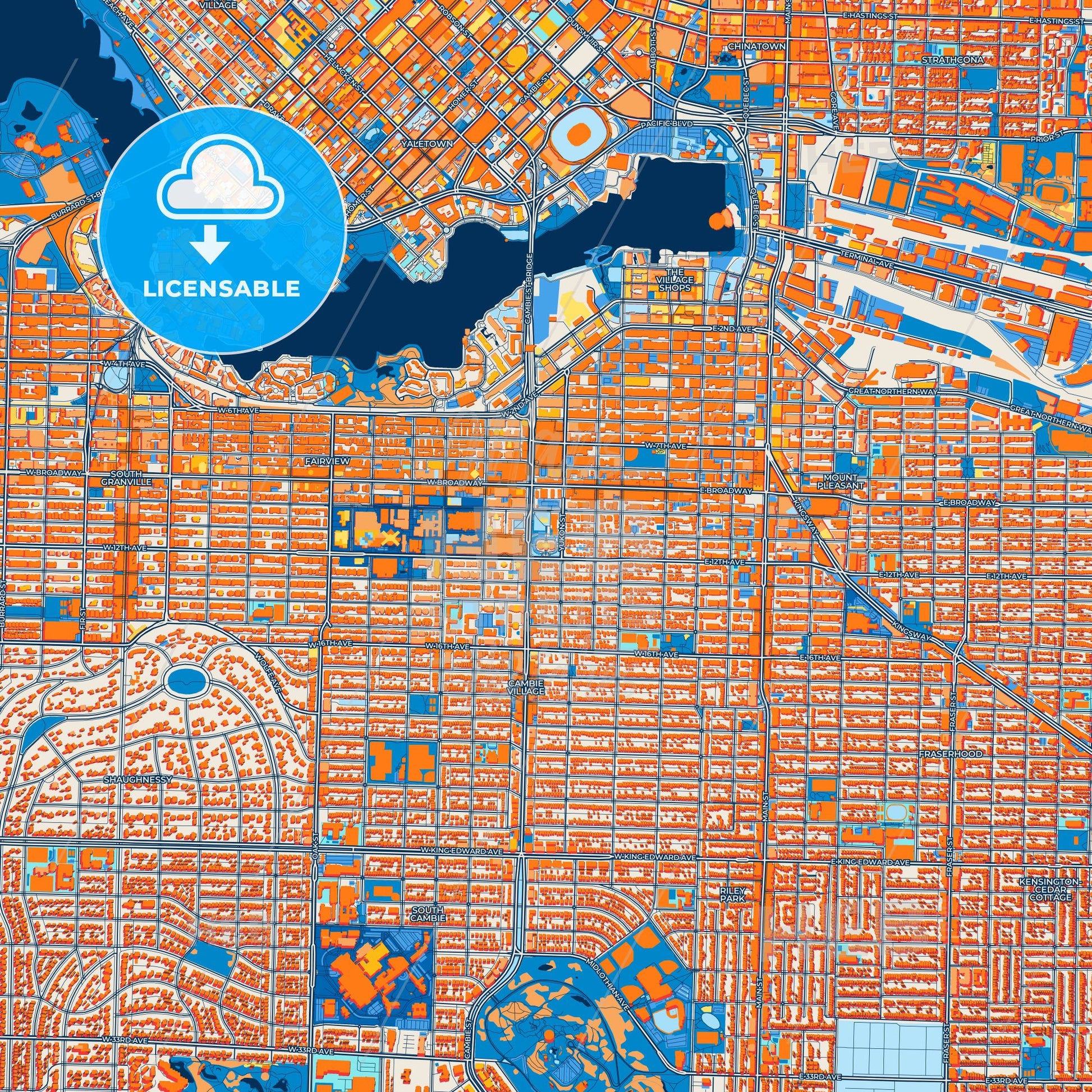 Colorful Vancouver Street Map with Labels and Buildings