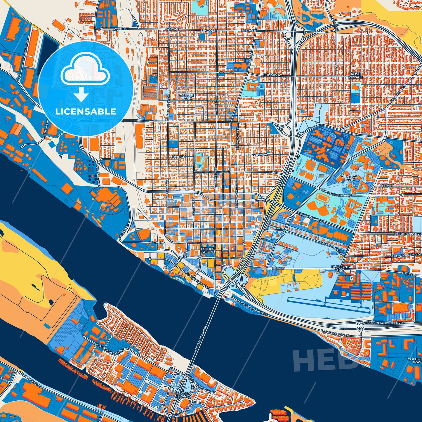 Colorful Vancouver Street Map with Labels and Buildings