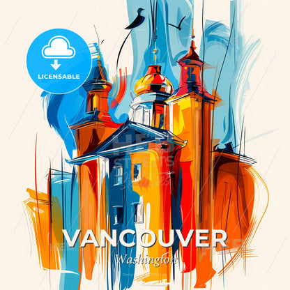 Vibrant Vancouver, Washington - A Painting Of A Building With Towers And Birds - Square format print template