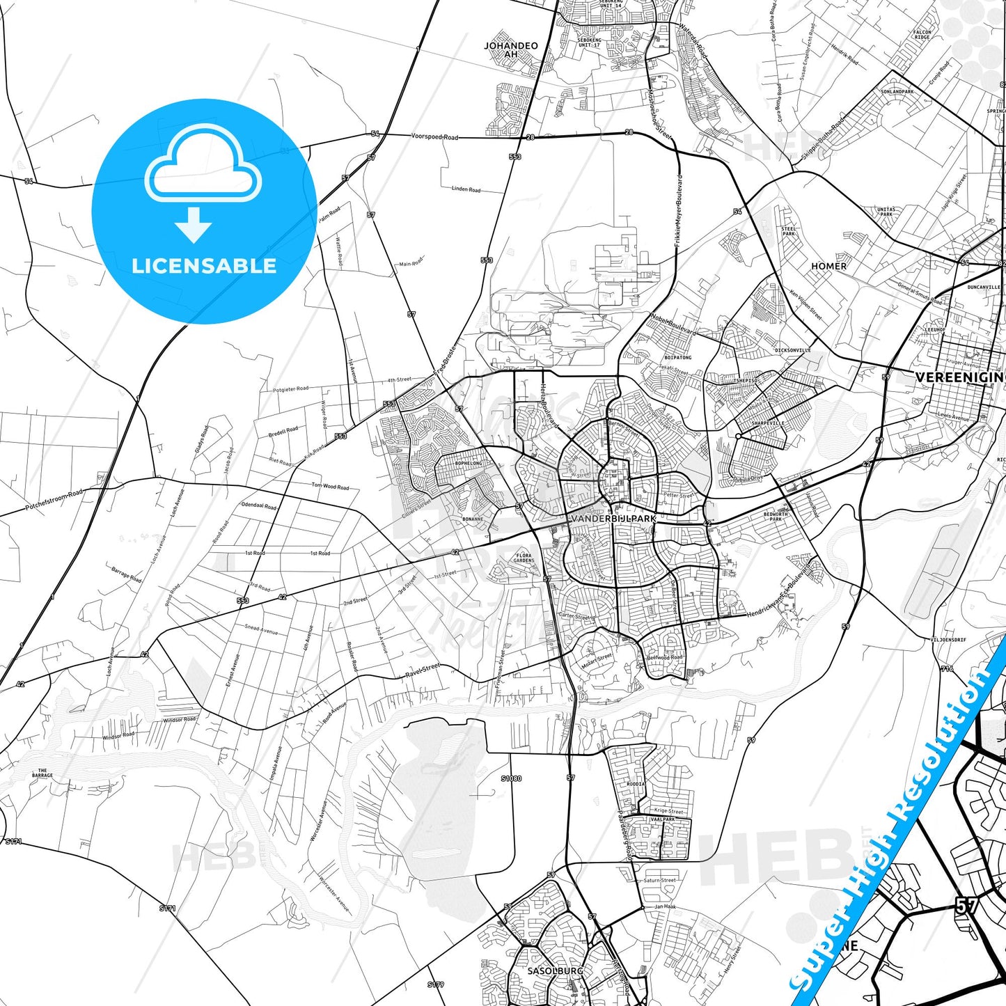 Vanderbijlpark, South Africa light map with streetnames, citynames and districts