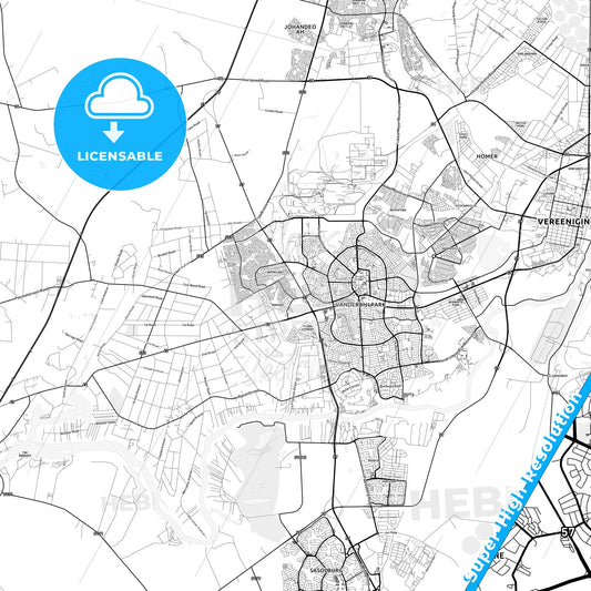 Vanderbijlpark, South Africa light map with streetnames, citynames and districts