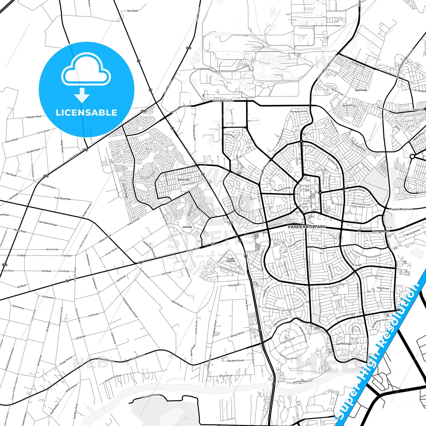 Vanderbijlpark, South Africa Light Map with Street Names, City Names, and Districts