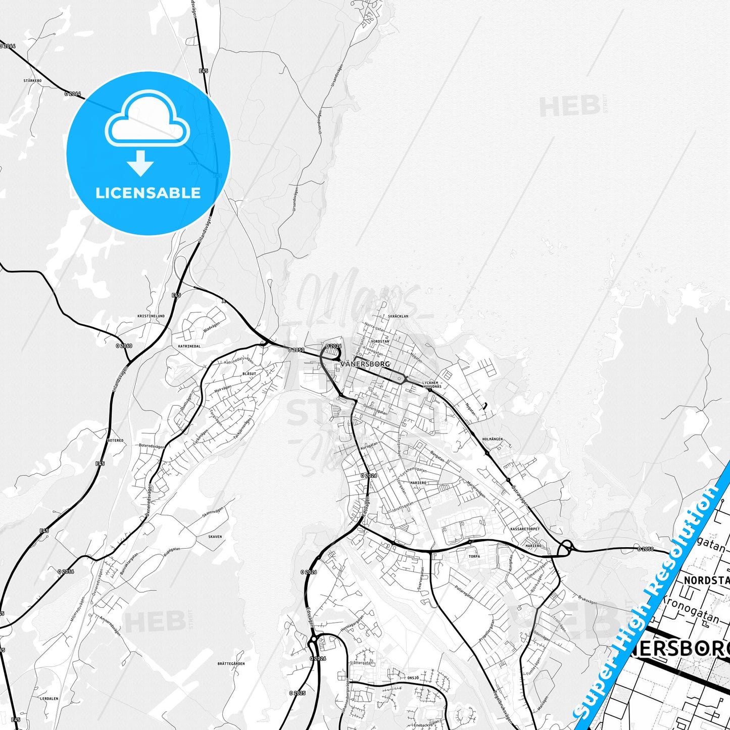 Vänersborg, Sweden Light Map with Street Names, City Names, and Districts