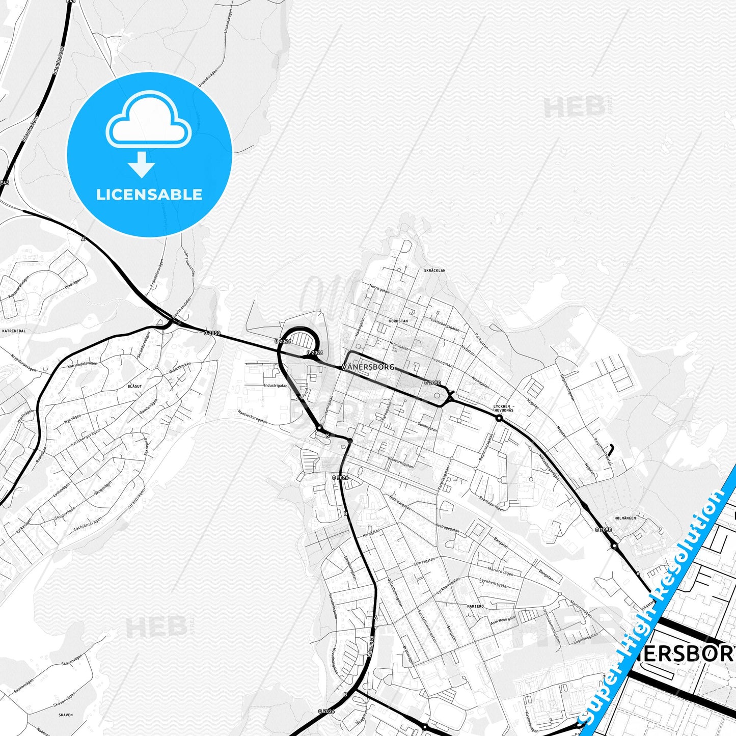 Vänersborg, Sweden Light Map with Street Names, City Names, and Districts