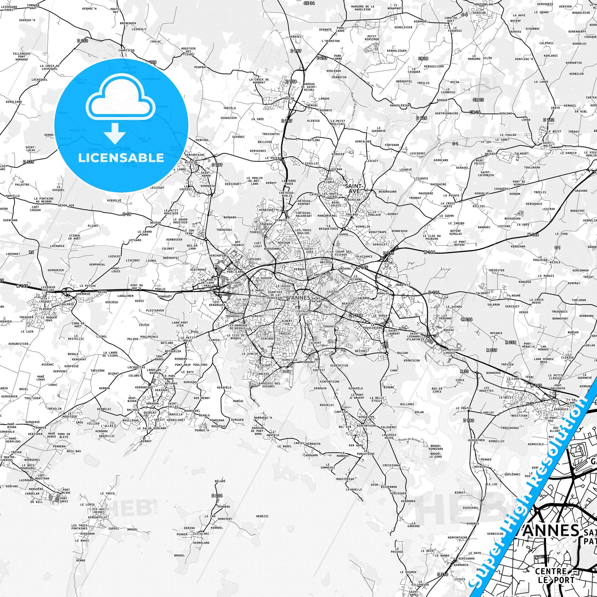 Vannes, France light map with streetnames, citynames and districts