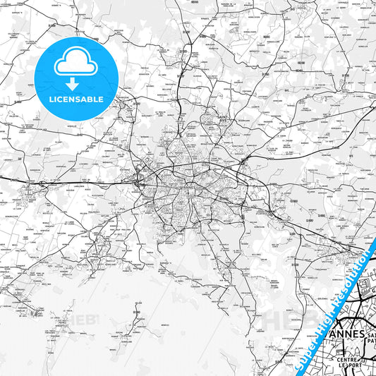 Vannes, France light map with streetnames, citynames and districts