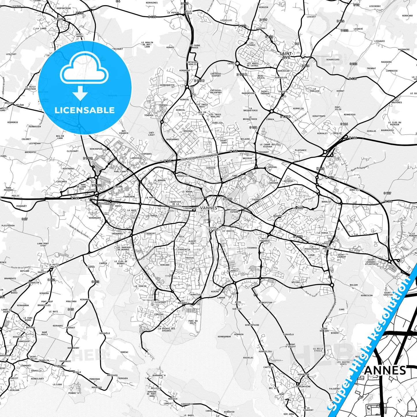 Vannes, France Light Map with Street Names, City Names, and Districts