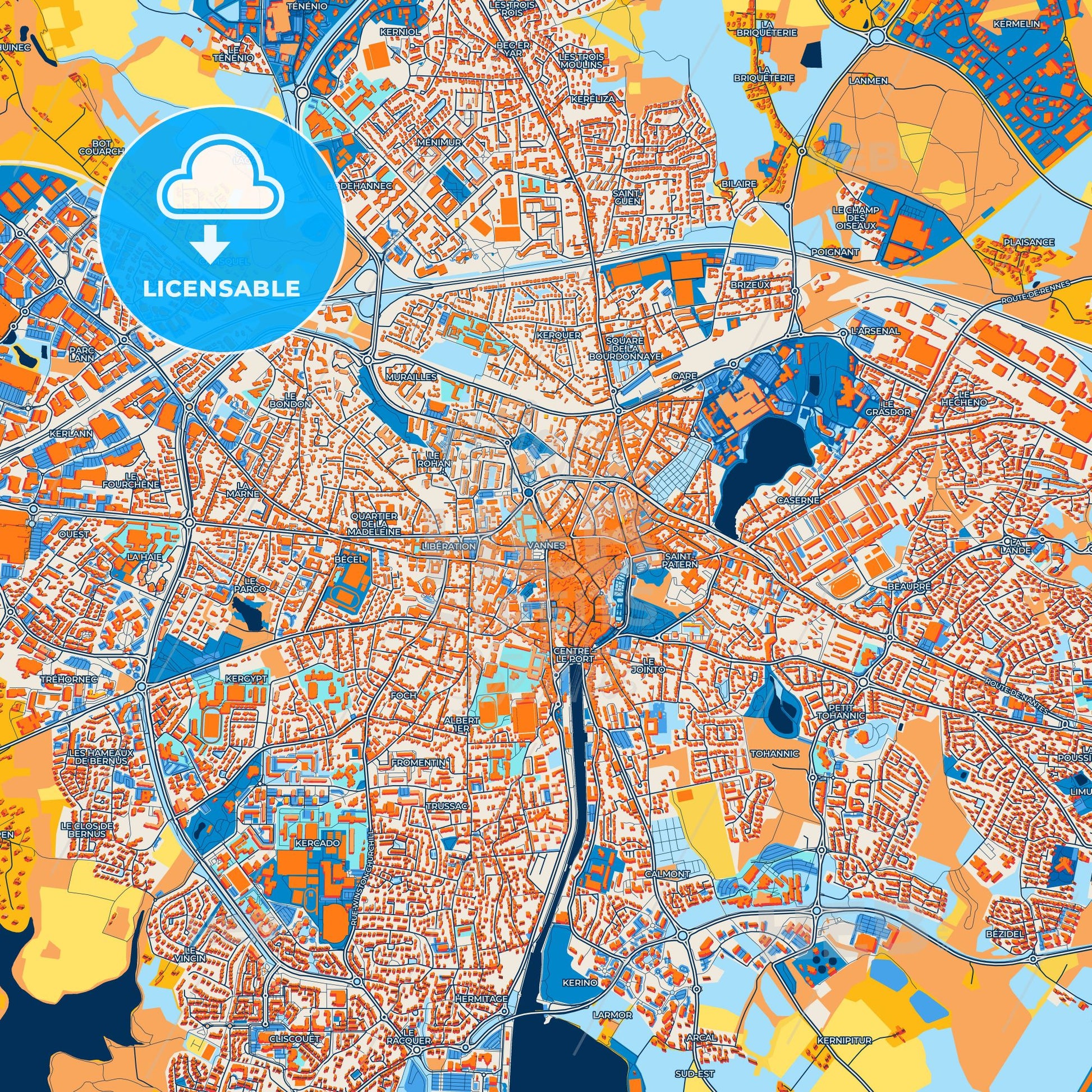 Colorful Vannes Street Map with Labels and Buildings