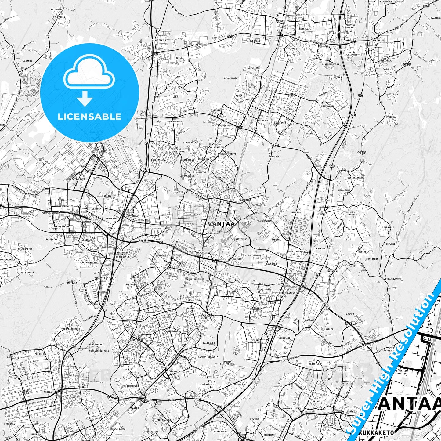 Vantaa, Finland light map with streetnames, citynames and districts
