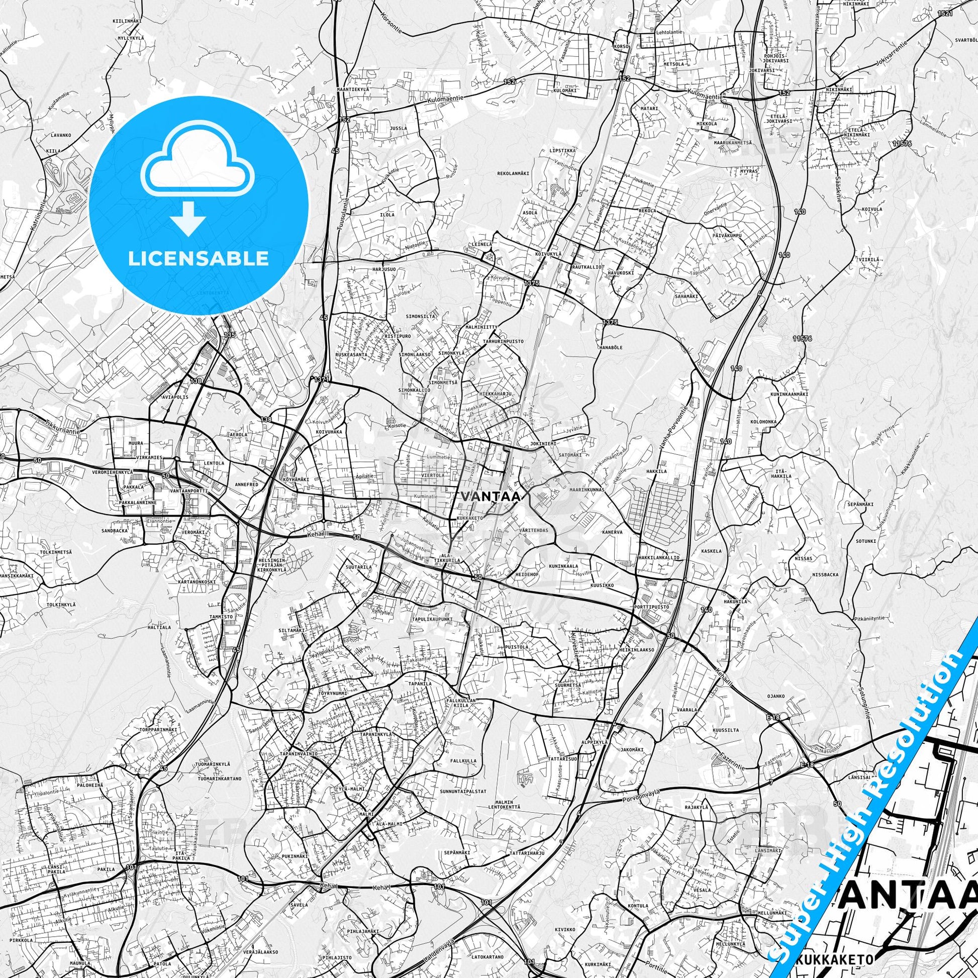 Vantaa, Finland light map with streetnames, citynames and districts