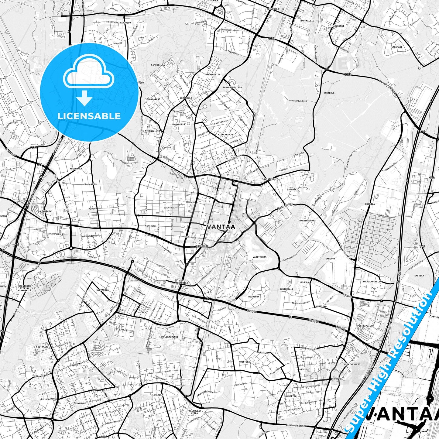 Vantaa, Finland Light Map with Street Names, City Names, and Districts