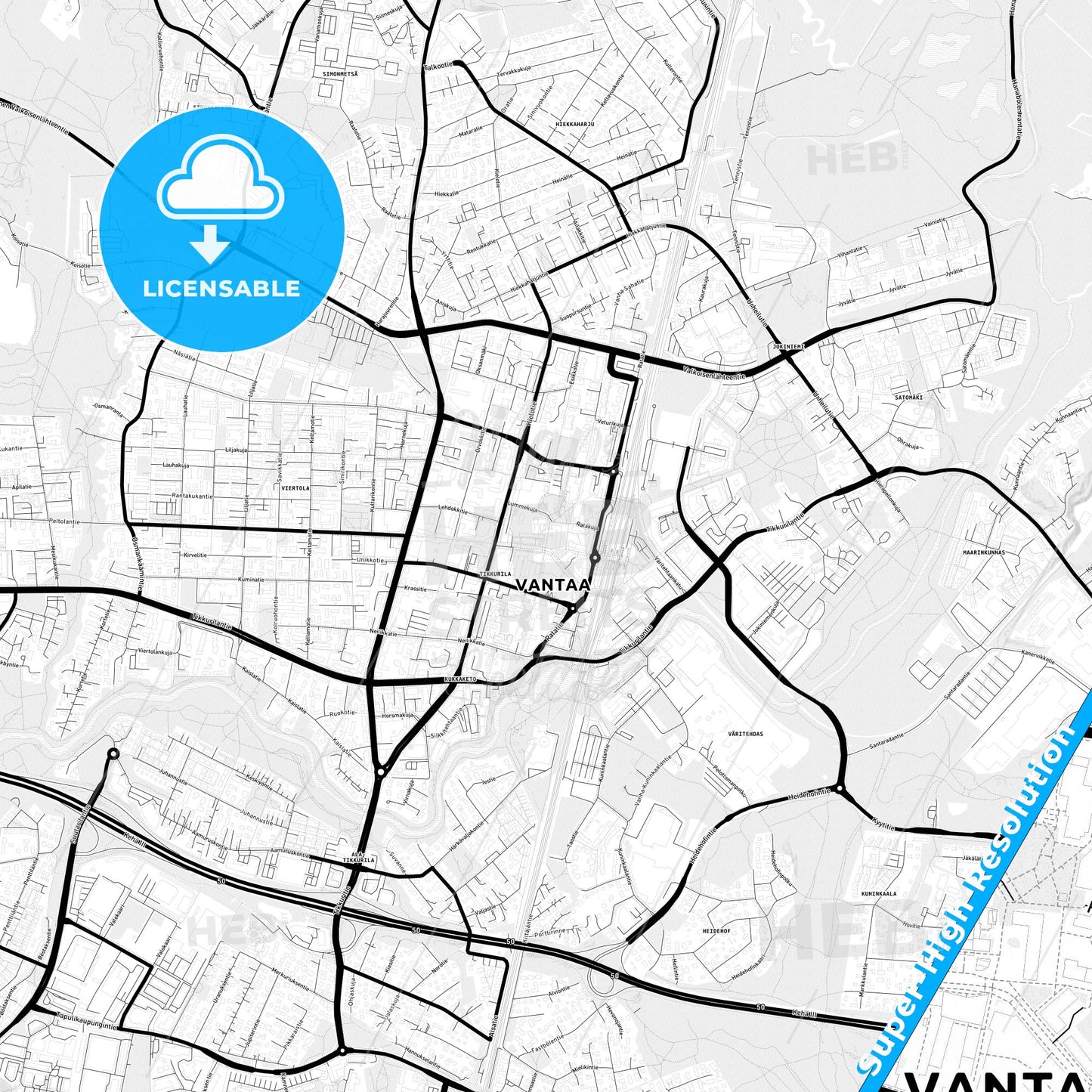 Vantaa, Finland Light Map with Street Names, City Names, and Districts