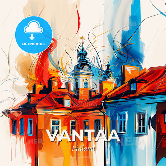 Vibrant Vantaa, Finland - A Painting Of A Building With A Tower And A Cross On Top - Square format print template