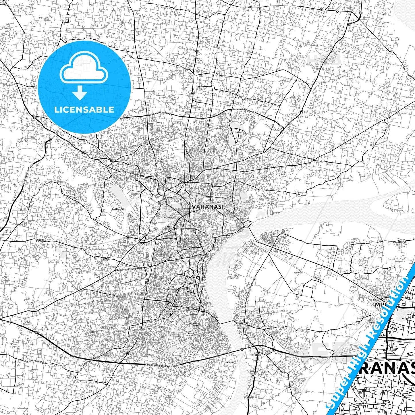 Varanasi, India light map with streetnames, citynames and districts