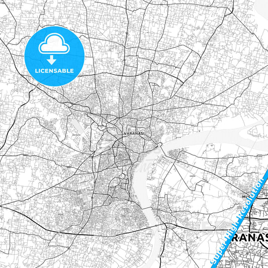 Varanasi, India light map with streetnames, citynames and districts