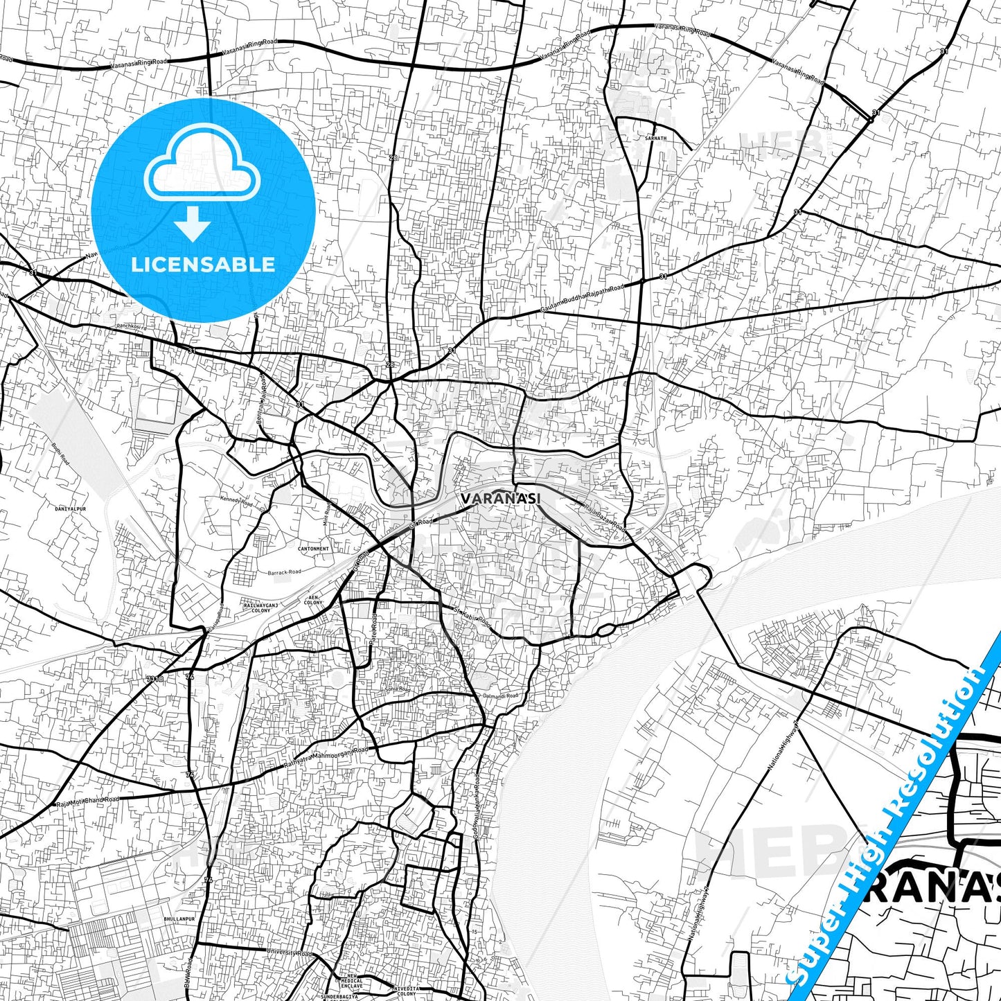 Varanasi, India Light Map with Street Names, City Names, and Districts