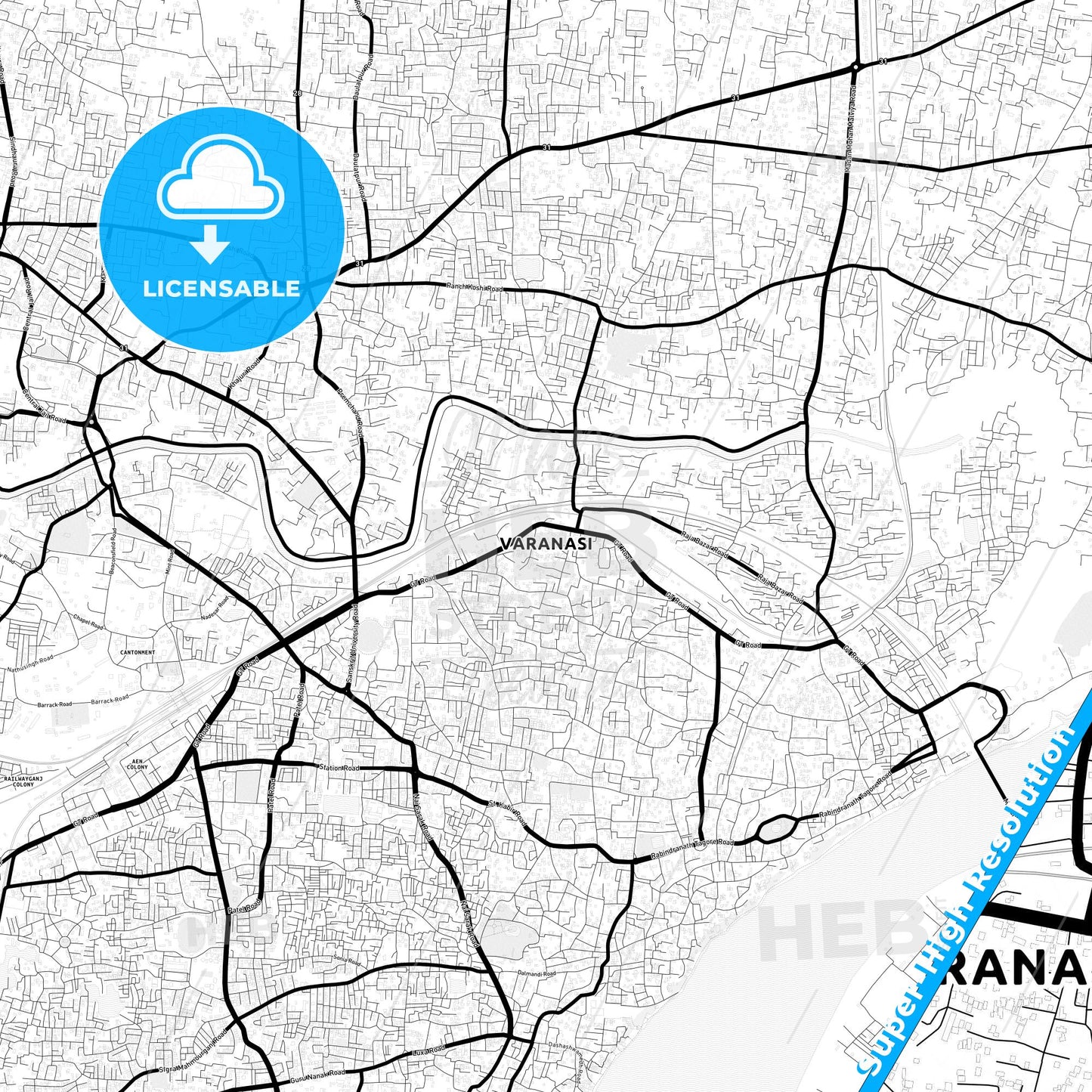 Varanasi, India Light Map with Street Names, City Names, and Districts