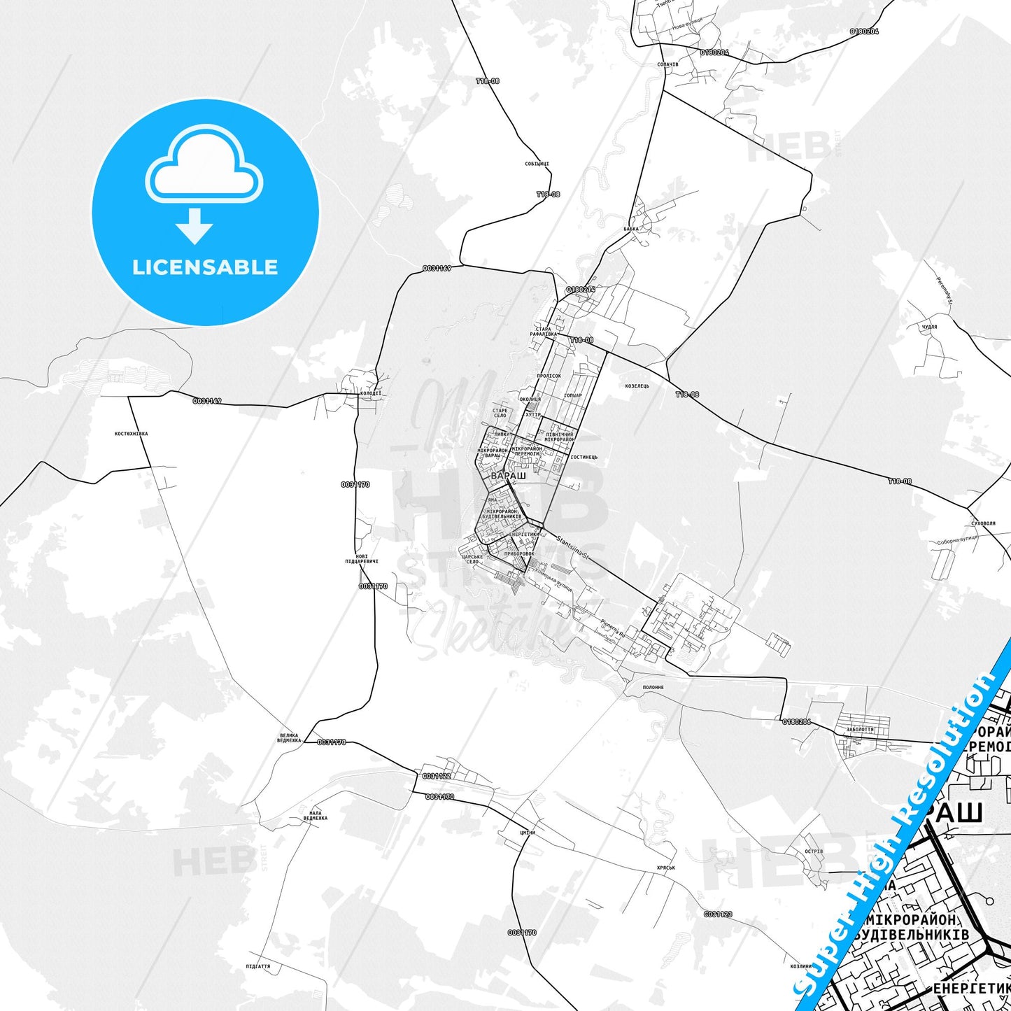 Varash, Ukraine light map with streetnames, citynames and districts