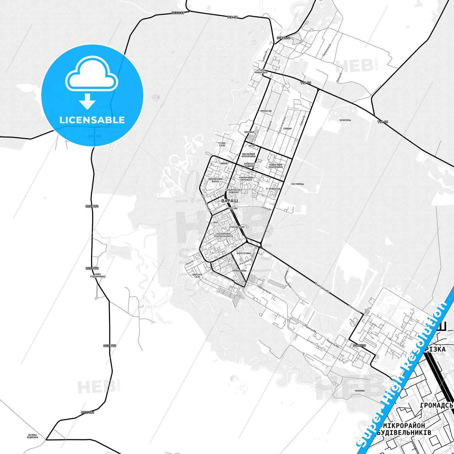 Varash, Ukraine Light Map with Street Names, City Names, and Districts