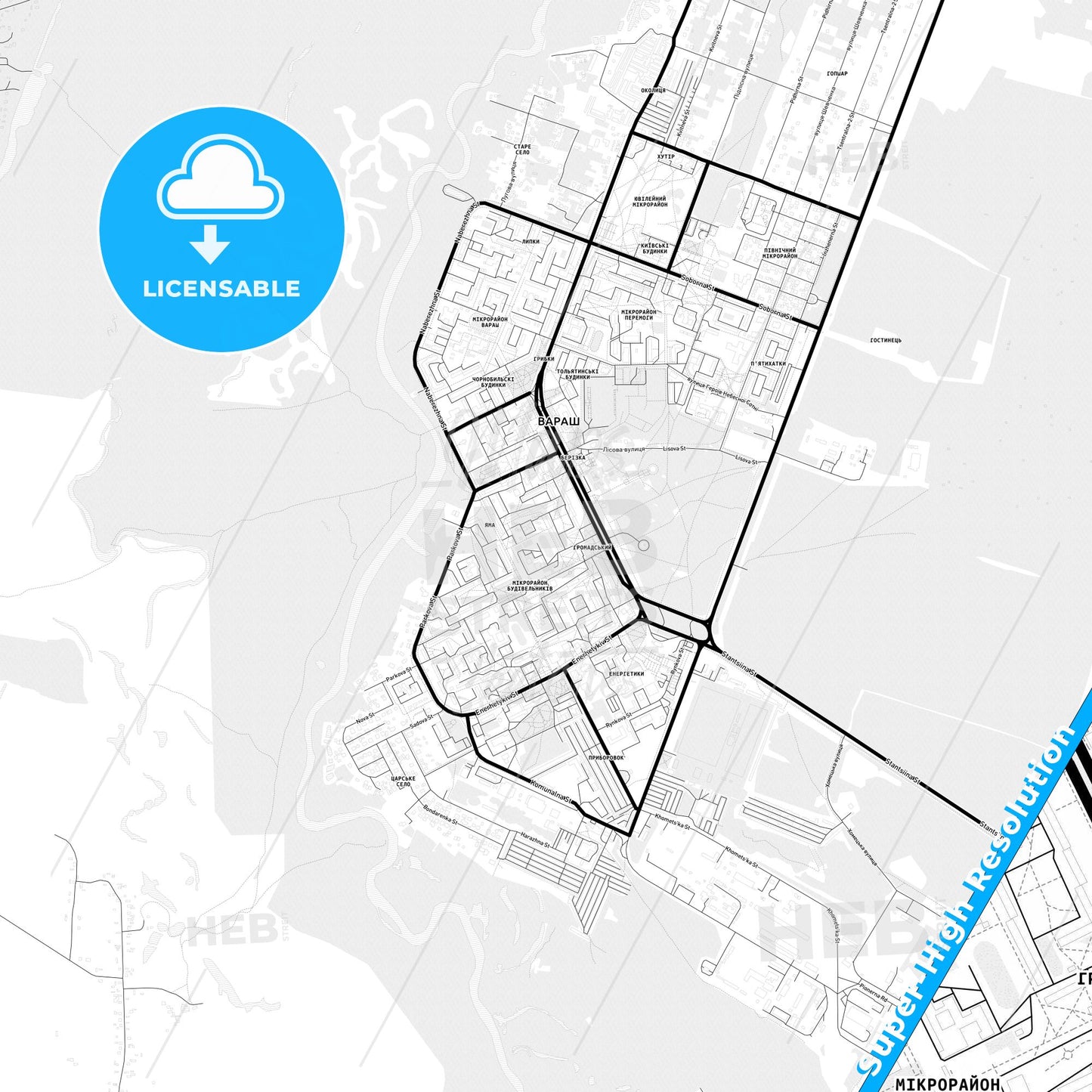 Varash, Ukraine Light Map with Street Names, City Names, and Districts