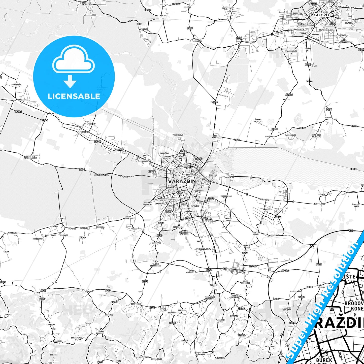 Varaždin, Croatia light map with streetnames, citynames and districts
