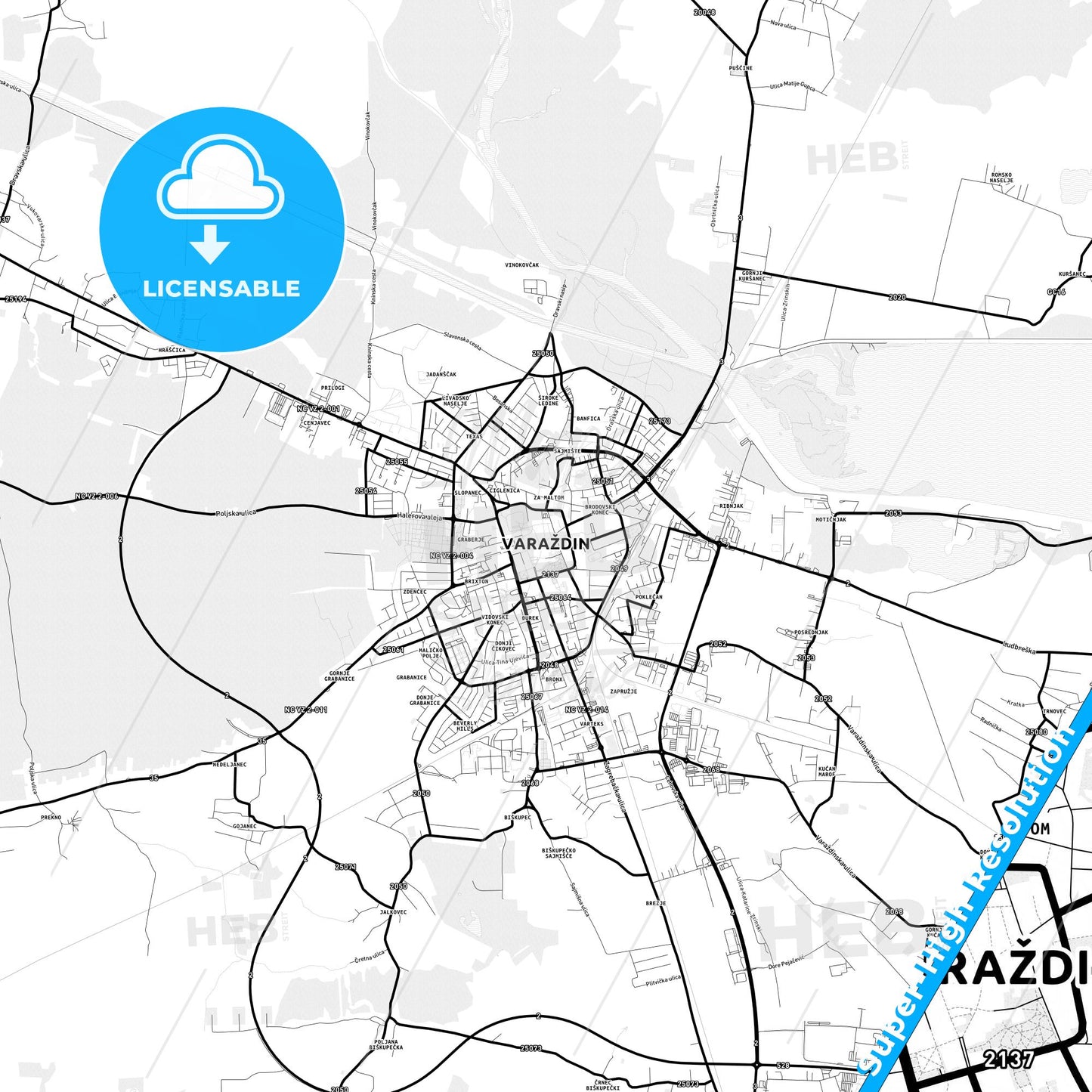 Varaždin, Croatia Light Map with Street Names, City Names, and Districts