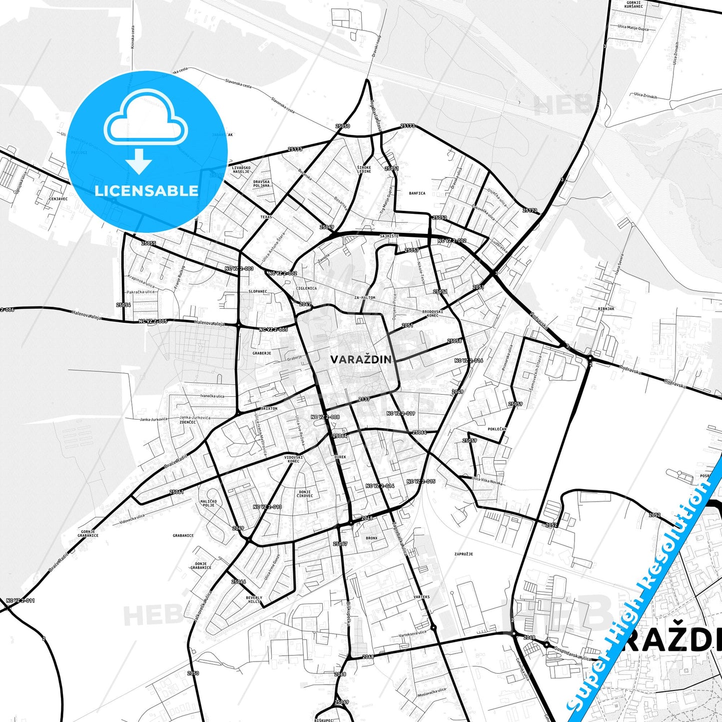 Varaždin, Croatia Light Map with Street Names, City Names, and Districts