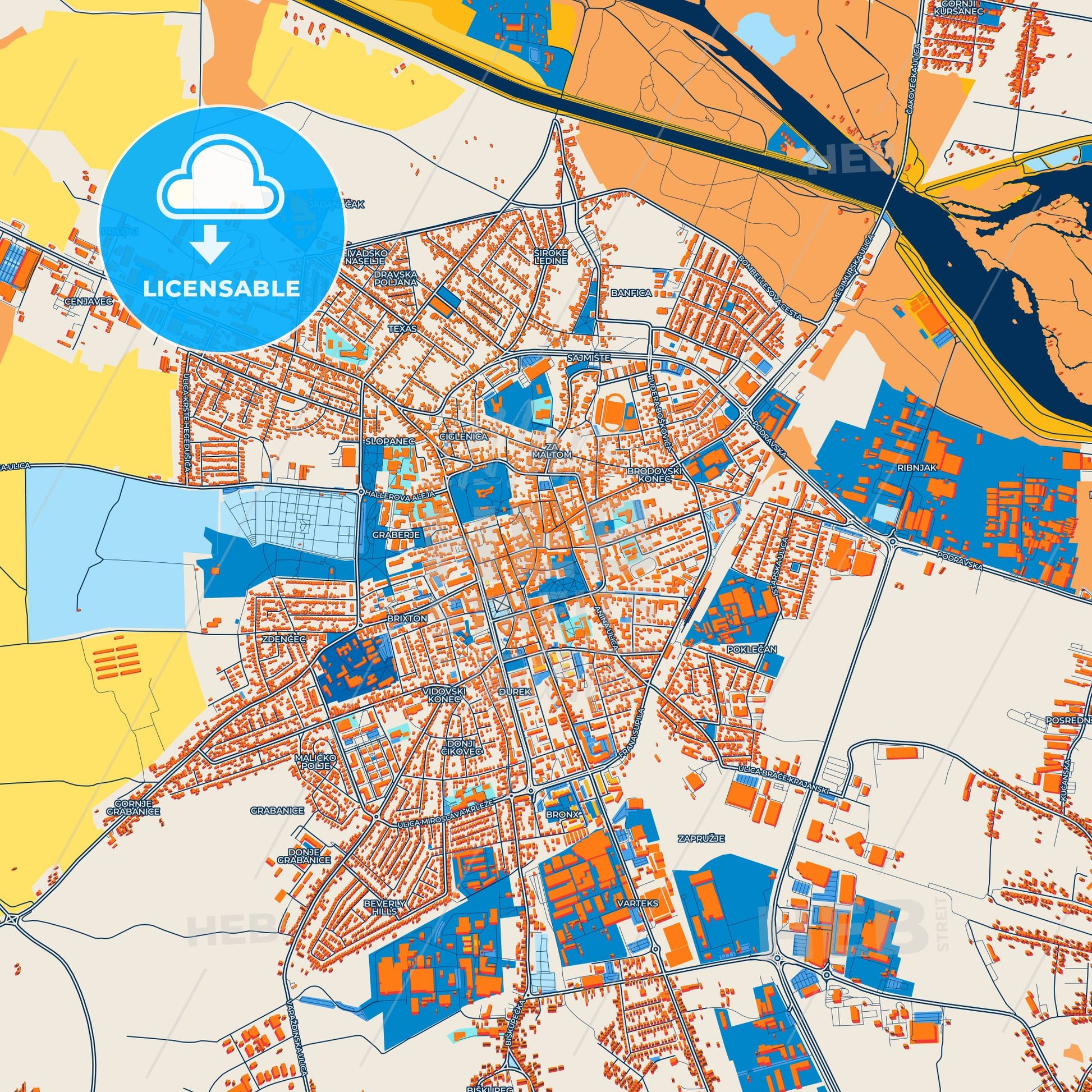 Colorful Varaždin Street Map with Labels and Buildings