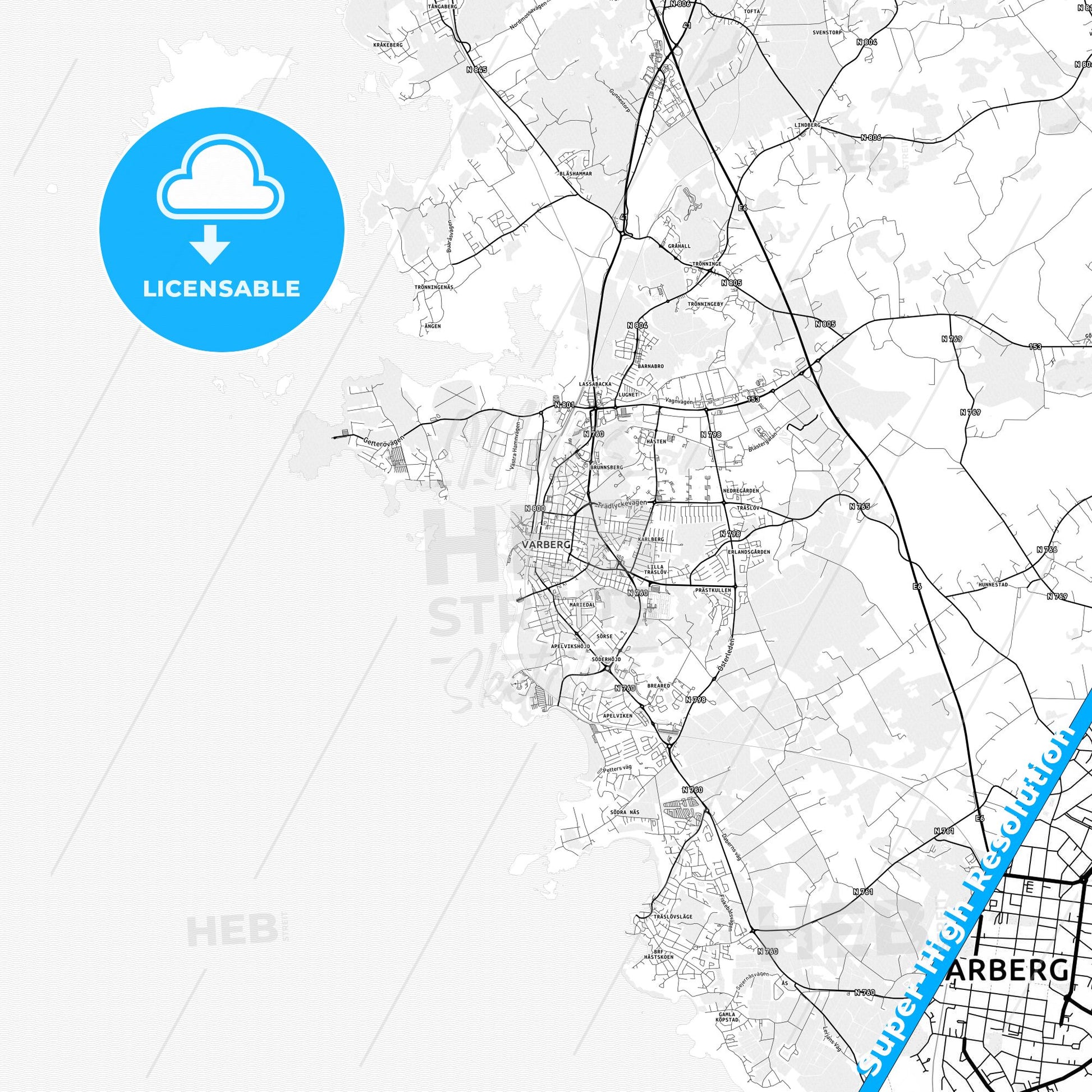 Varberg, Sweden light map with streetnames, citynames and districts