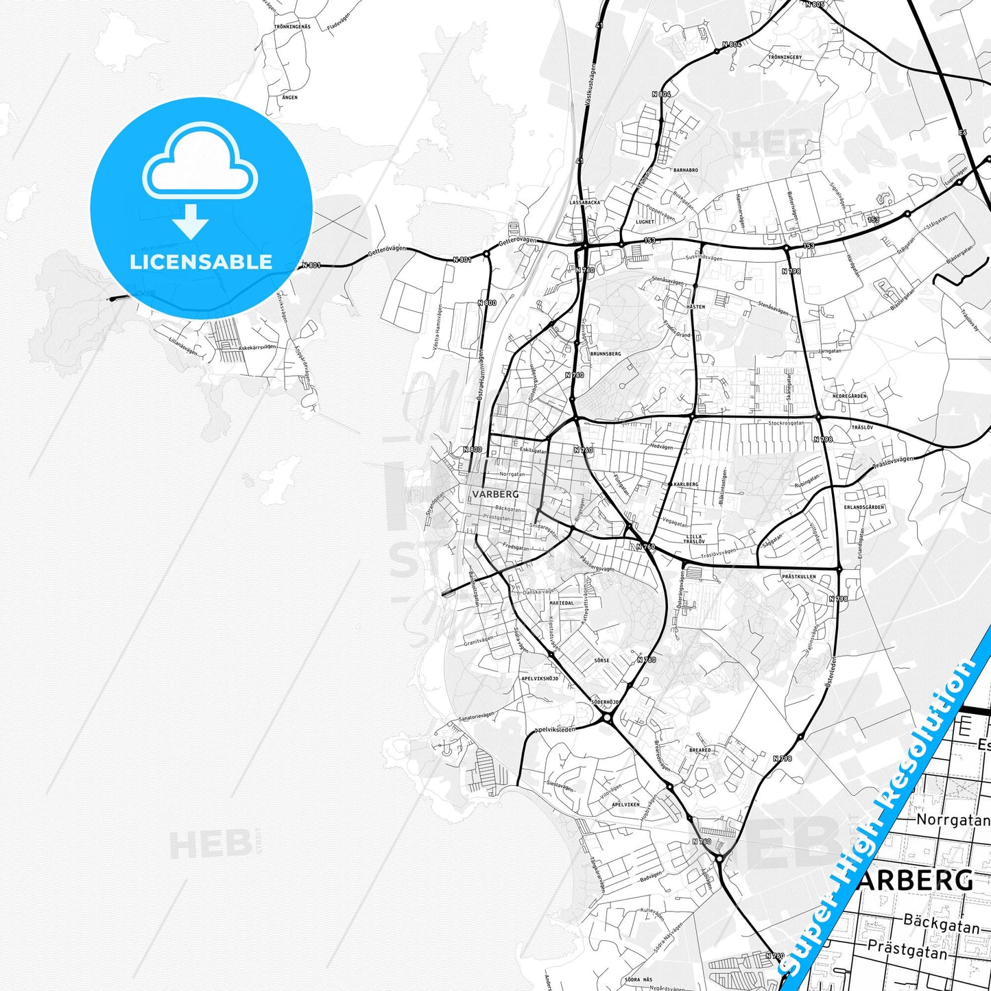 Varberg, Sweden Light Map with Street Names, City Names, and Districts