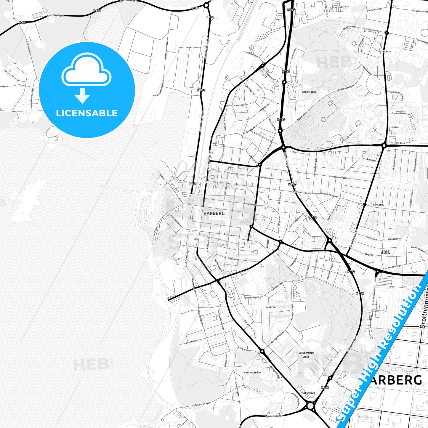 Varberg, Sweden Light Map with Street Names, City Names, and Districts