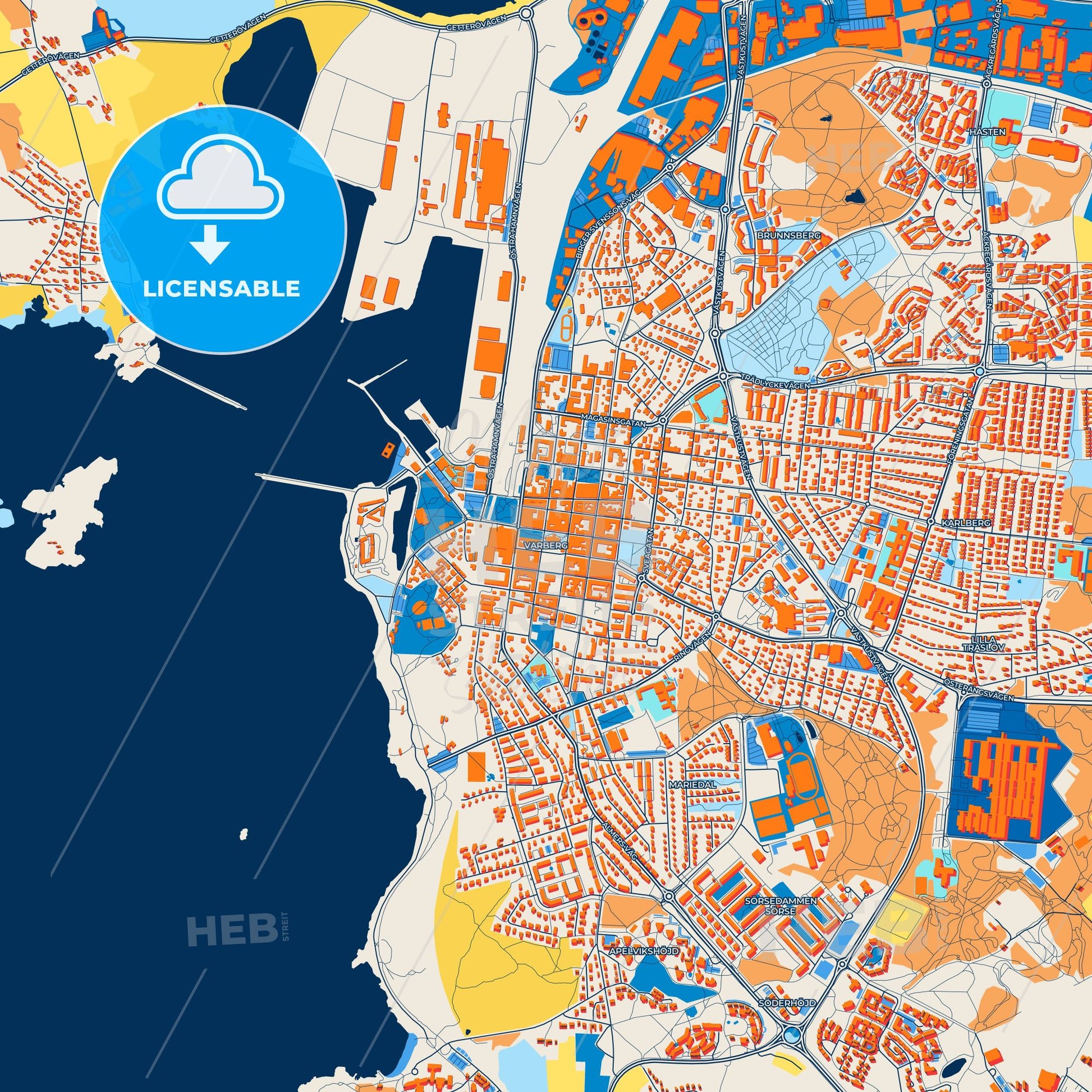 Colorful Varberg Street Map with Labels and Buildings