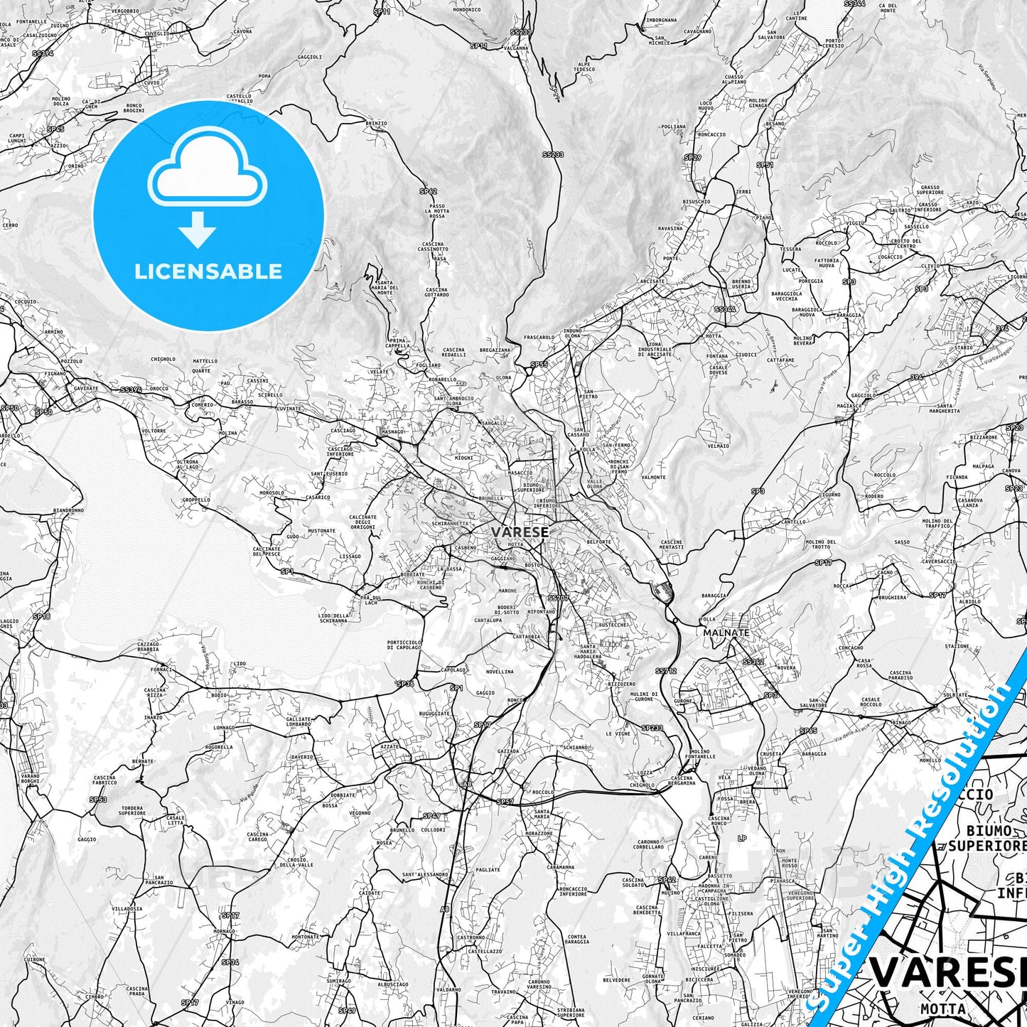 Varese, Italy light map with streetnames, citynames and districts