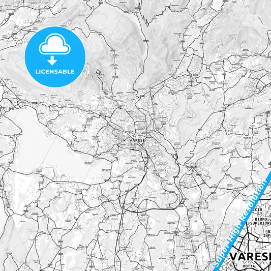 Varese, Italy light map with streetnames, citynames and districts