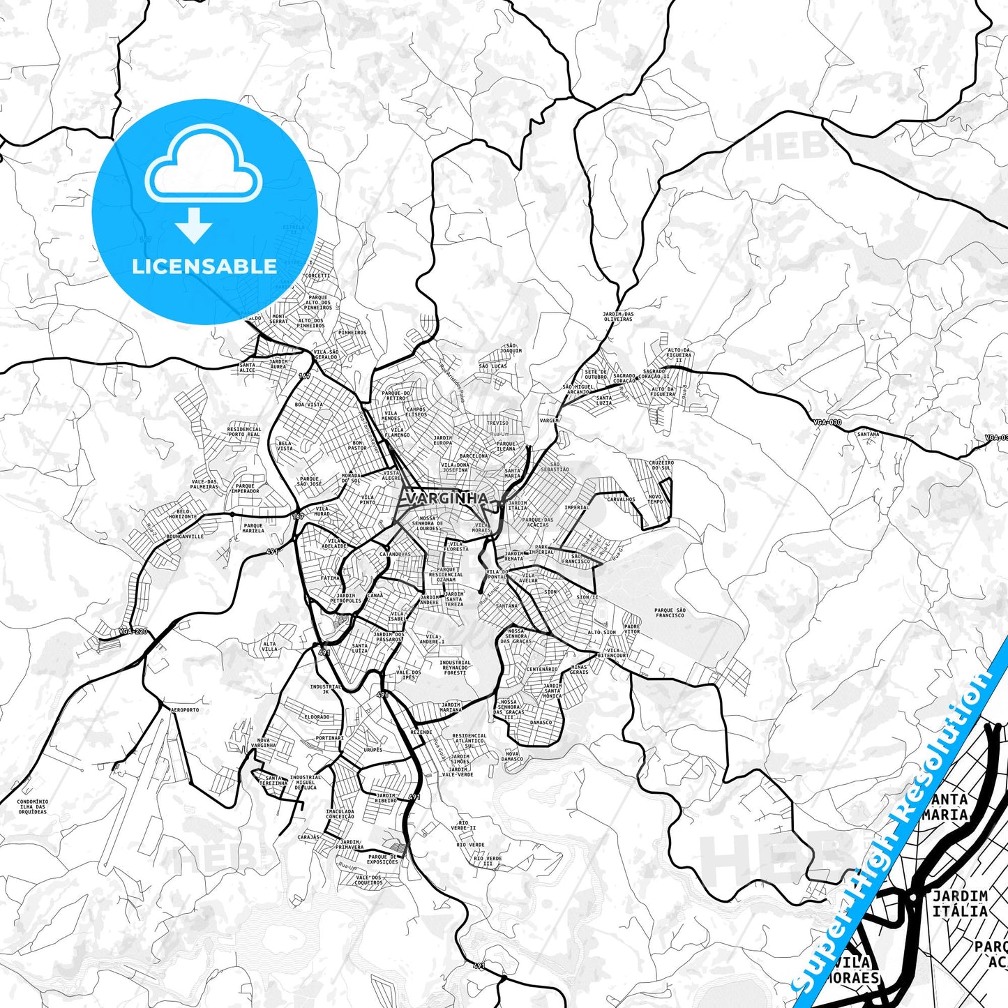 Varginha, Brazil Light Map with Street Names, City Names, and Districts