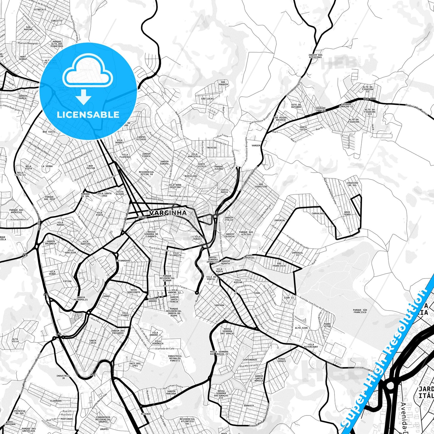 Varginha, Brazil Light Map with Street Names, City Names, and Districts