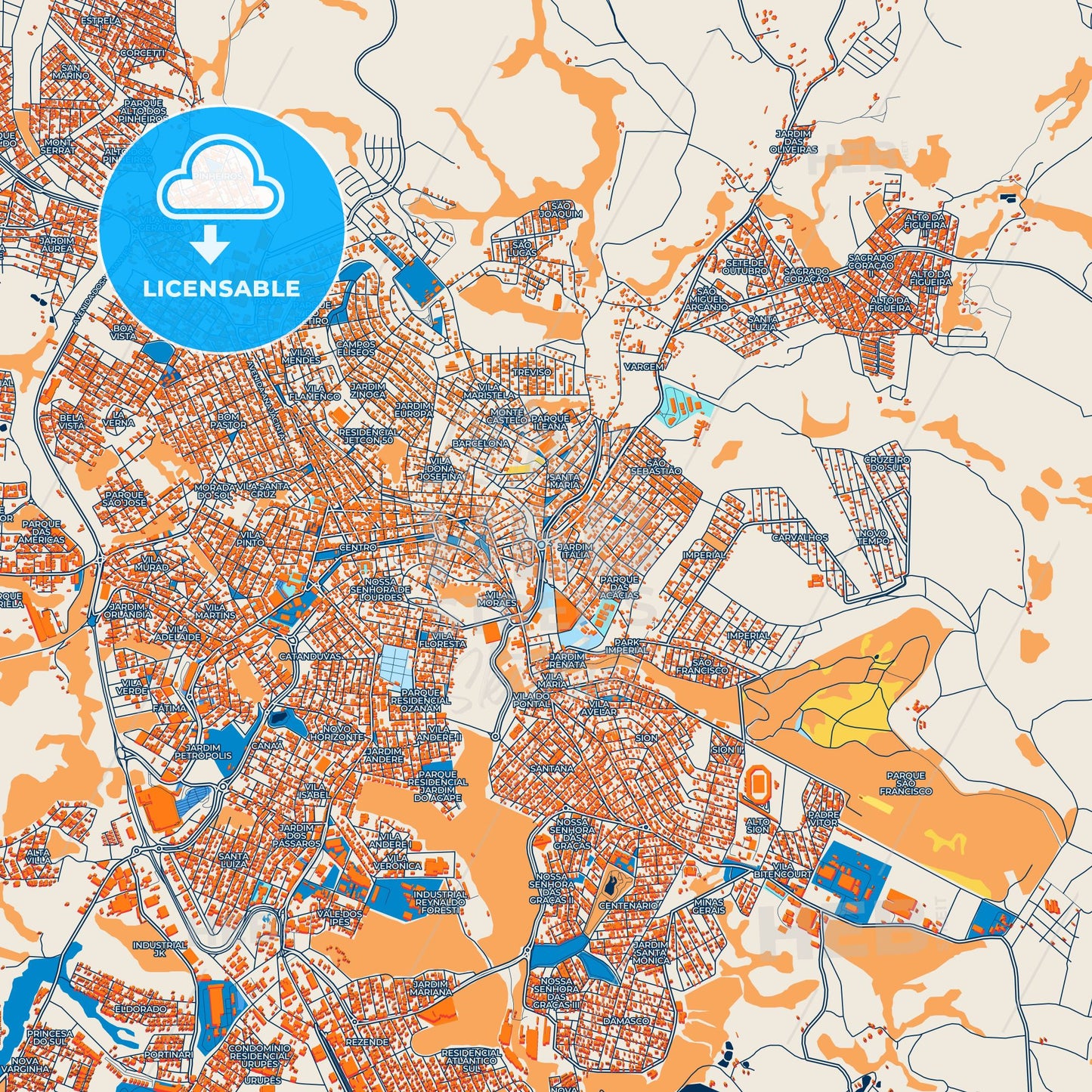 Colorful Varginha Street Map with Labels and Buildings