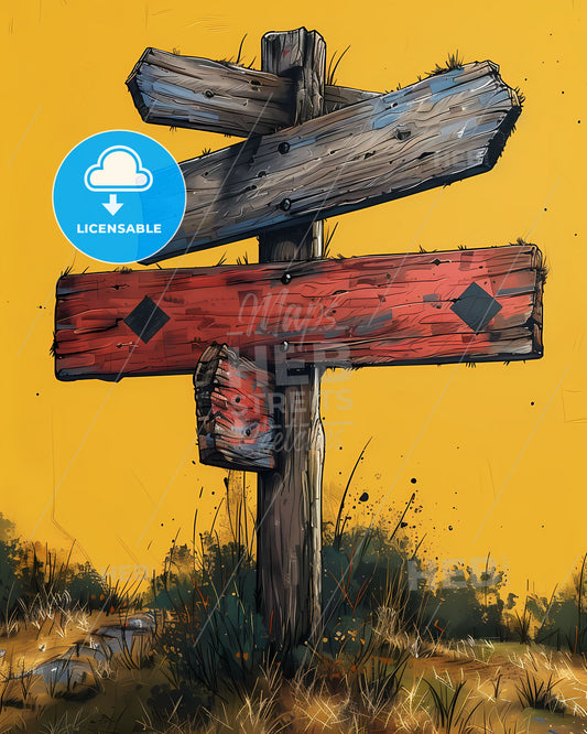 Eye-Catching Wooden Signpost Artwork With Vibrant Cartoon-Style Arrows