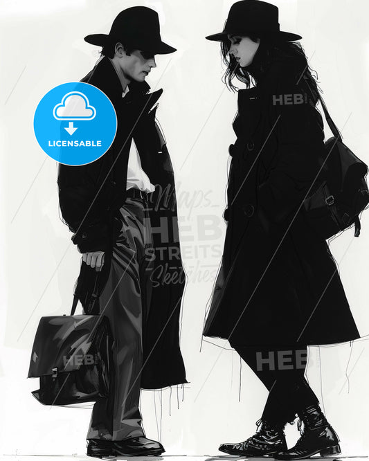 Art Variety Poster: Sketchy People in Black and White - A man and woman in coats
