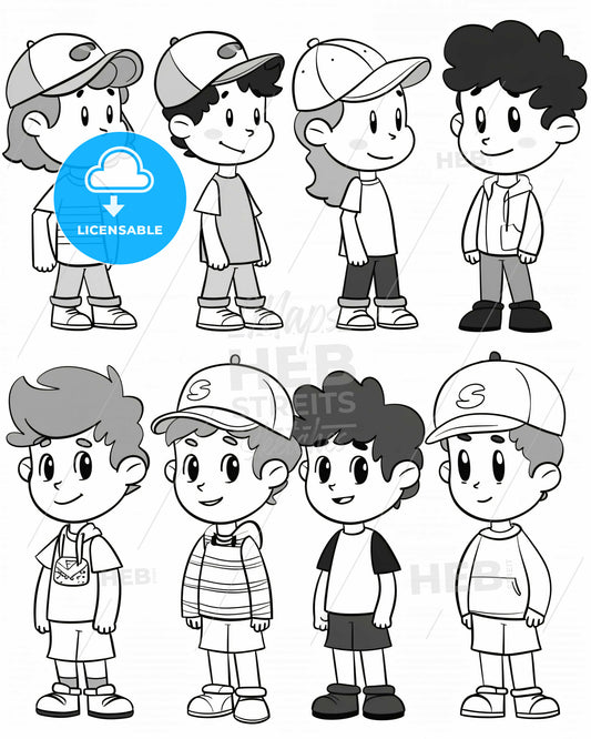 Line Art Boys on Bright Backdrop - A group of cartoon kids