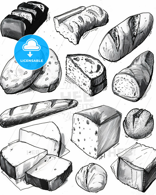 Bread Line Art: Simplicity on a Bright Canvas - A collection of different types of bread