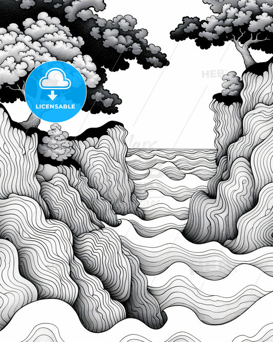 Chaos Theory: Intricate Sketch on Brilliant White - A drawing of a river with trees and waves