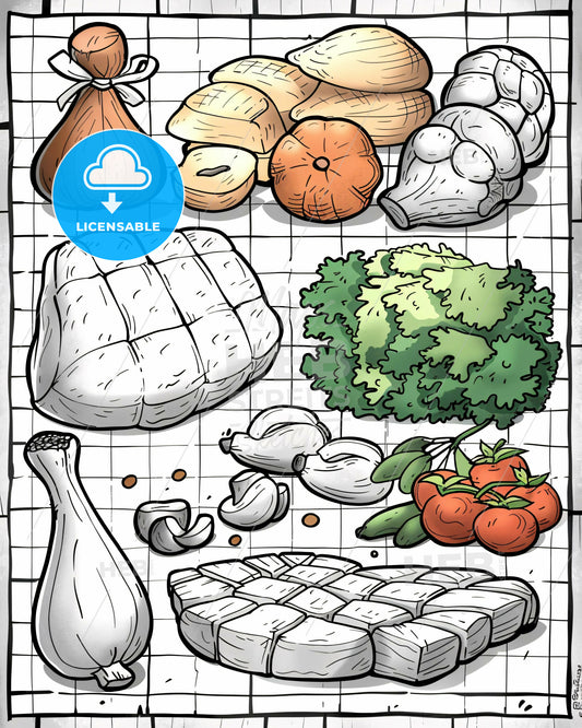 various types of chicken breast. black and white sketch, illustration, line art drawing, bright paper background  - A drawing of food on a grid