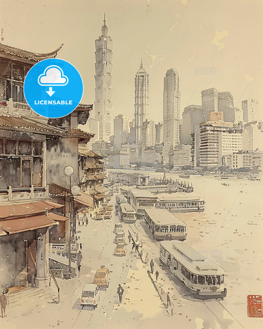 City Harbors Line Art Illustration - A watercolor of a city with buildings and buses