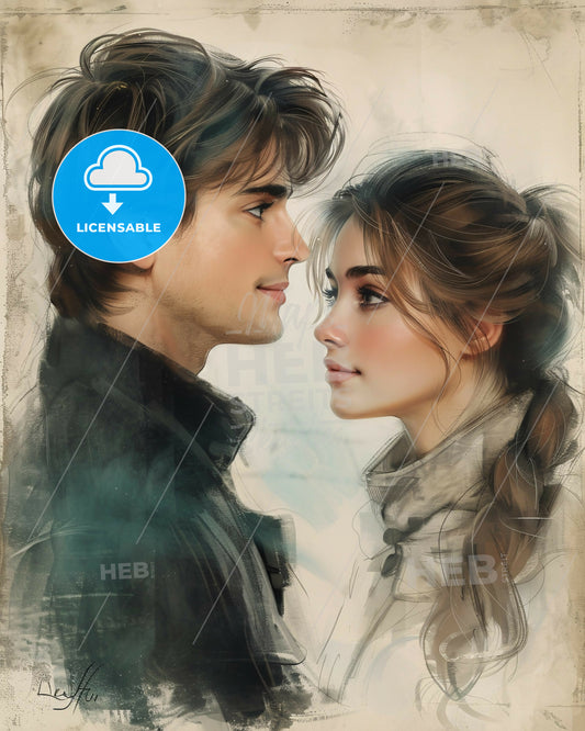 various types of lovers. black and white sketch, illustration, line art drawing, bright paper background  - A man and woman looking at each other