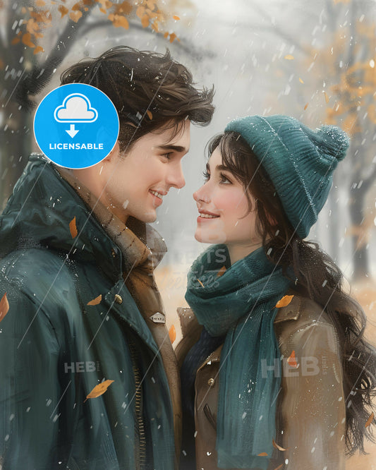 various types of lovers. black and white sketch, illustration, line art drawing, bright paper background  - A man and woman looking at each other in the snow