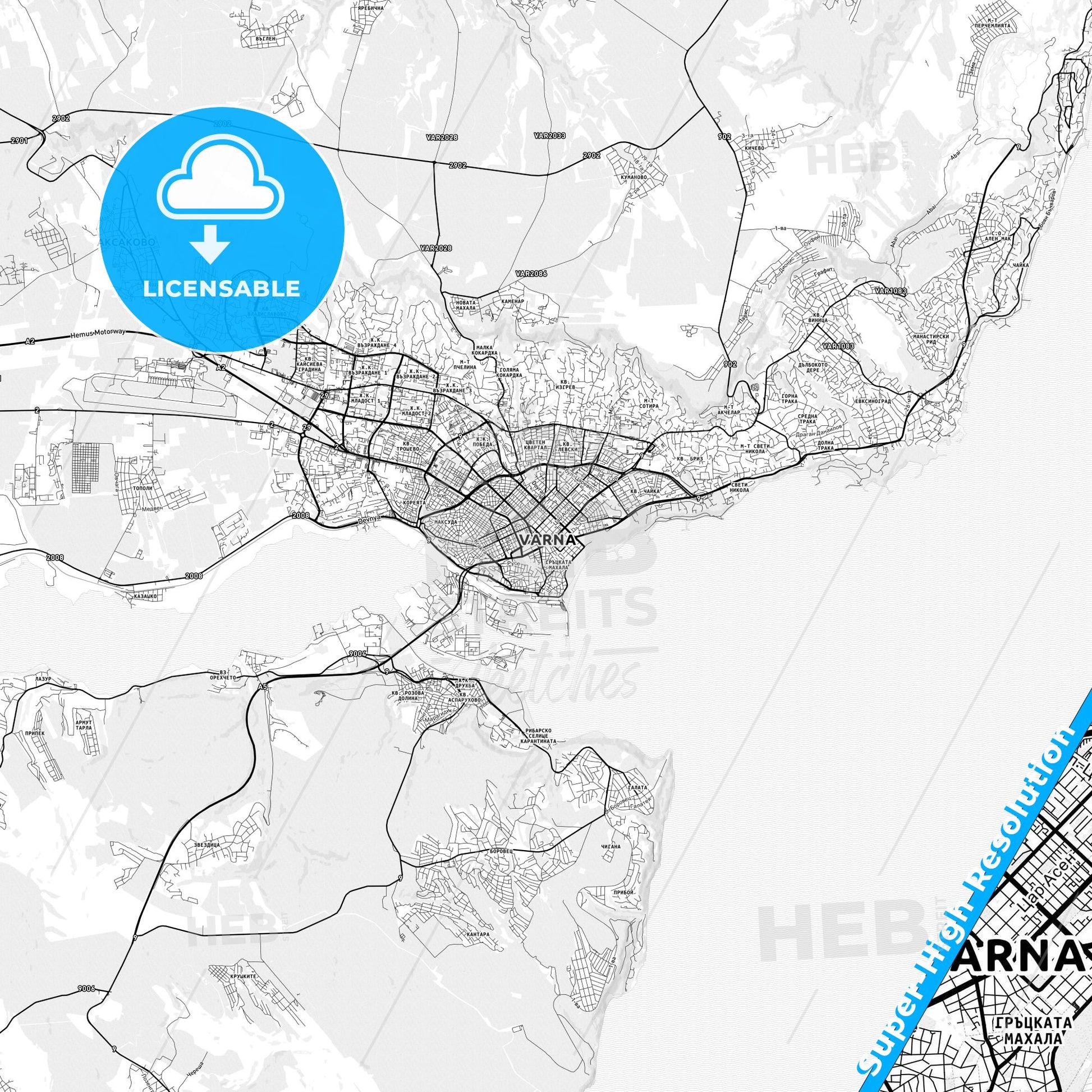 Varna, Bulgaria light map with streetnames, citynames and districts